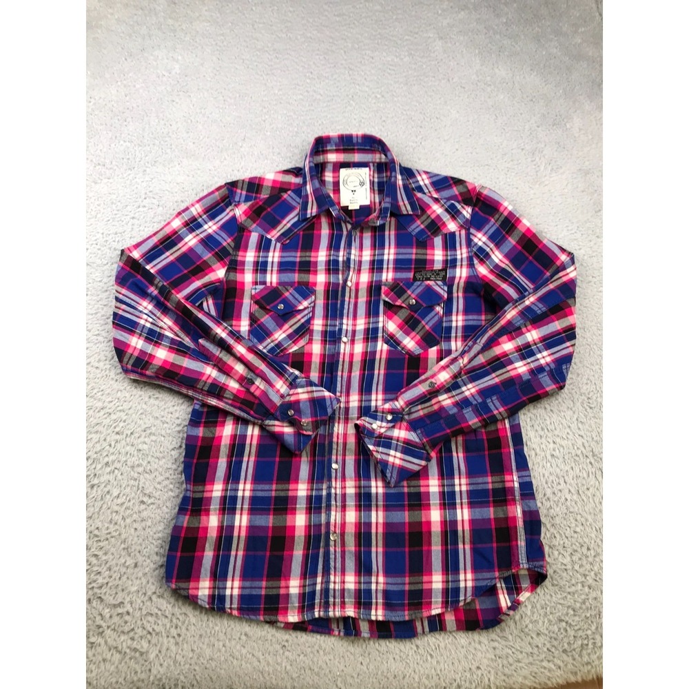 Diesel Western Shirt Mens L Pink/Blue Plaid Flannel Pearl Snap Long Sleeve *Flaw